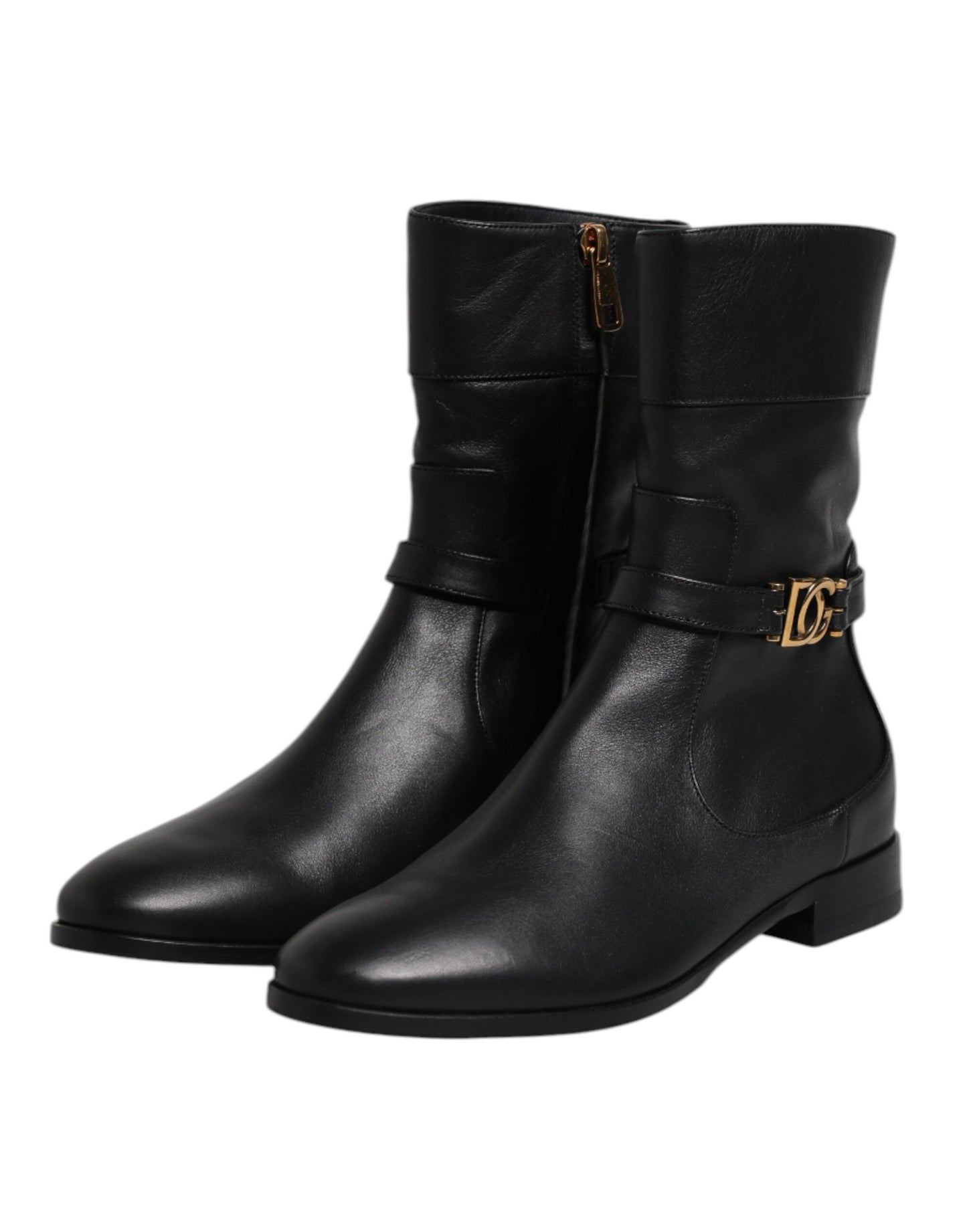 Dolce & Gabbana Black Leather Flats Logo Short Boots Shoes Dolce & Gabbana