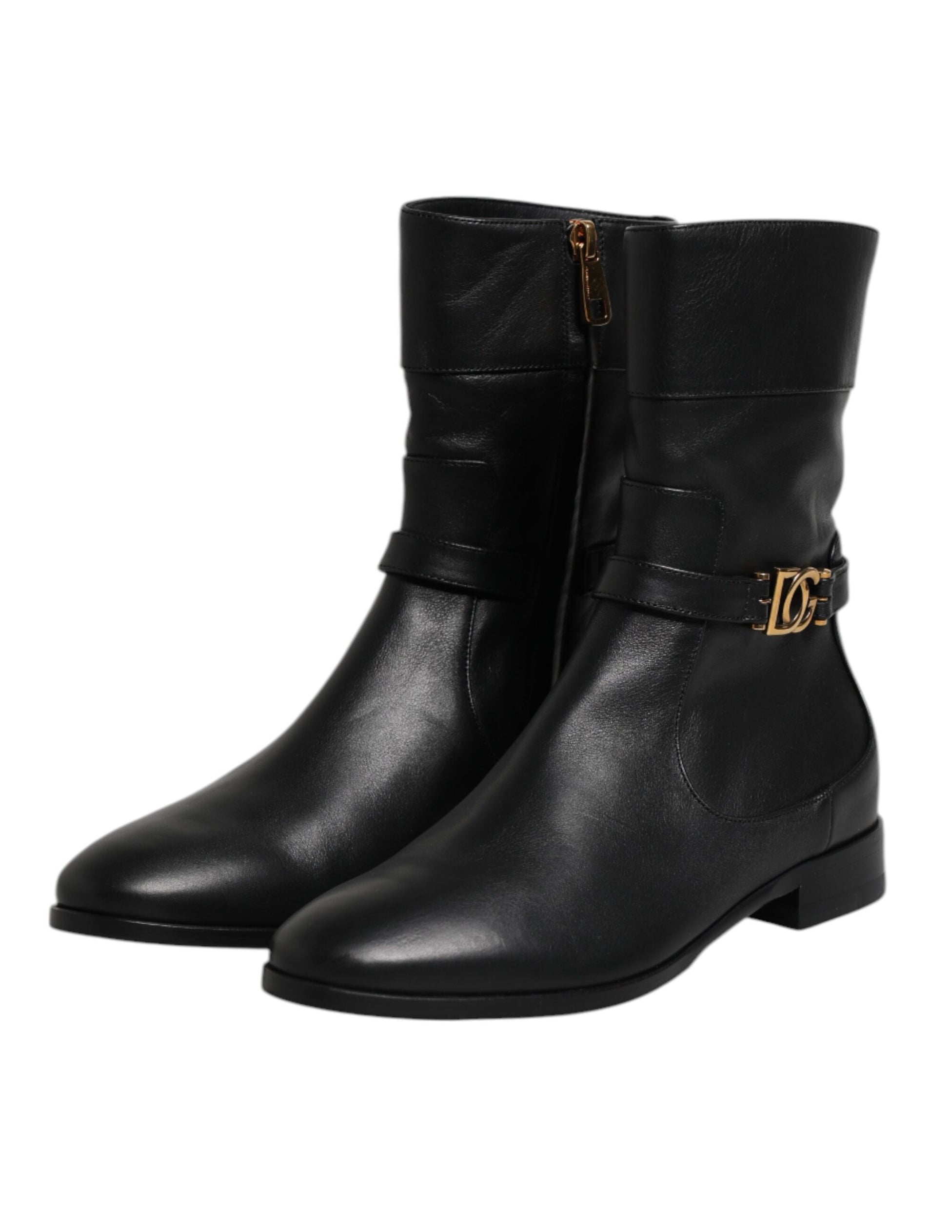 Dolce & Gabbana Black Leather Flats Logo Short Boots Shoes Dolce & Gabbana
