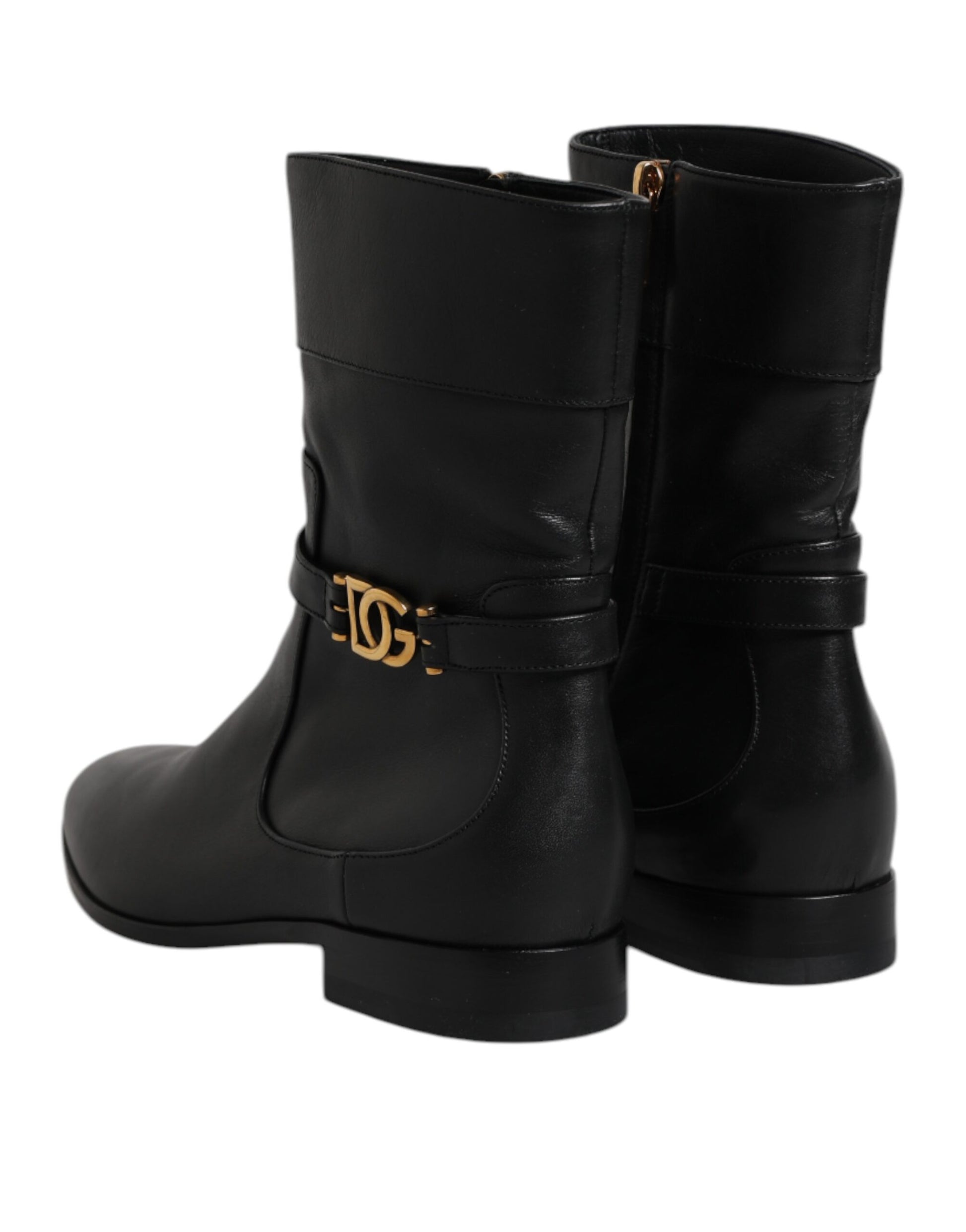 Dolce & Gabbana Black Leather Flats Logo Short Boots Shoes Dolce & Gabbana