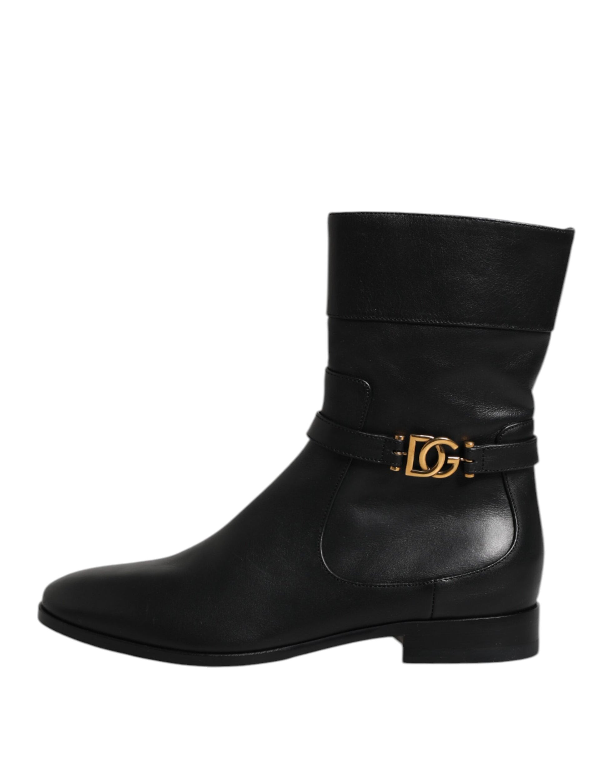 Dolce & Gabbana Black Leather Flats Logo Short Boots Shoes Dolce & Gabbana