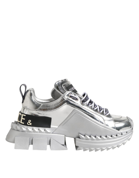 Dolce & Gabbana Silver Leather Super Queen Sneakers Shoes Dolce & Gabbana