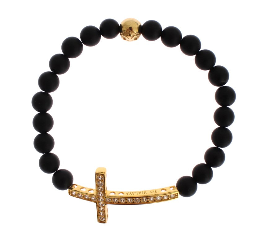 Nialaya Matte Onyx Stone Gold CZ Cross 925 Silver Bracelet Nialaya