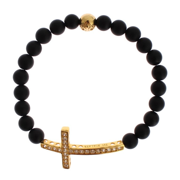 Nialaya Matte Onyx Stone Gold CZ Cross 925 Silver Bracelet
