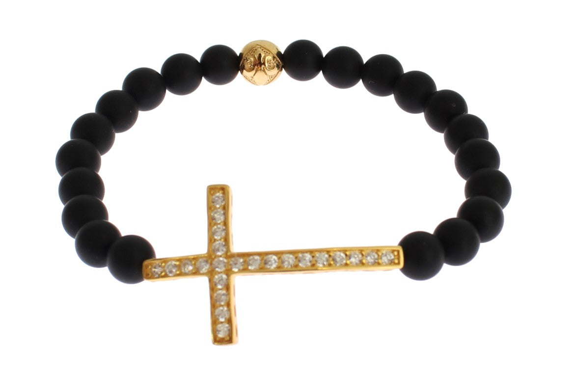 Nialaya Matte Onyx Stone Gold CZ Cross 925 Silver Bracelet Nialaya