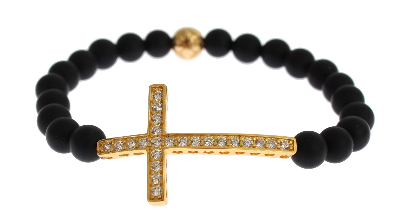 Nialaya Matte Onyx Stone Gold CZ Cross 925 Silver Bracelet Nialaya