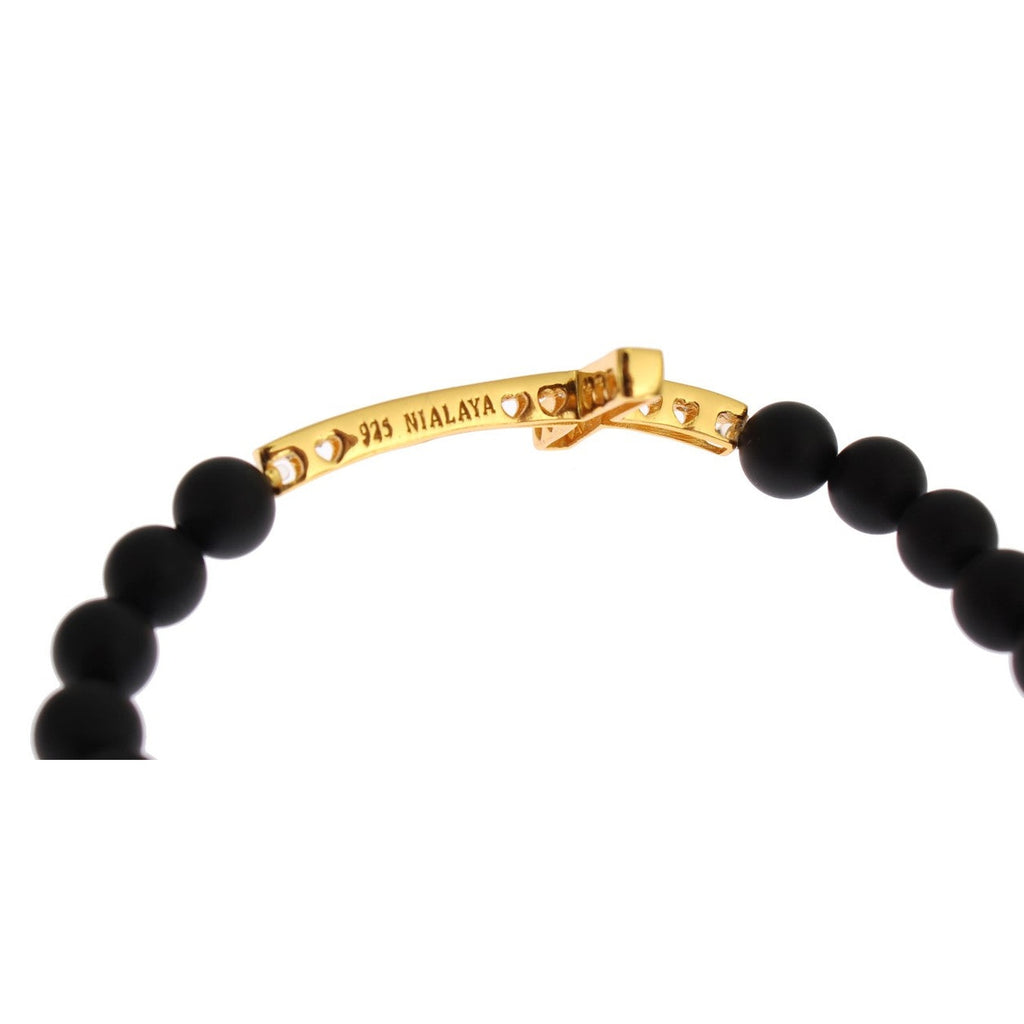 Nialaya Matte Onyx Stone Gold CZ Cross 925 Silver Bracelet