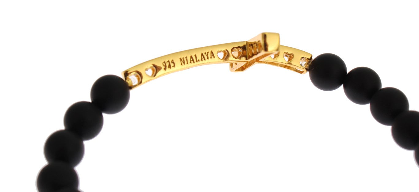 Nialaya Matte Onyx Stone Gold CZ Cross 925 Silver Bracelet Nialaya