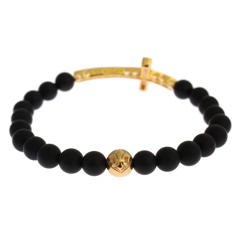 Nialaya Matte Onyx Stone Gold CZ Cross 925 Silver Bracelet
