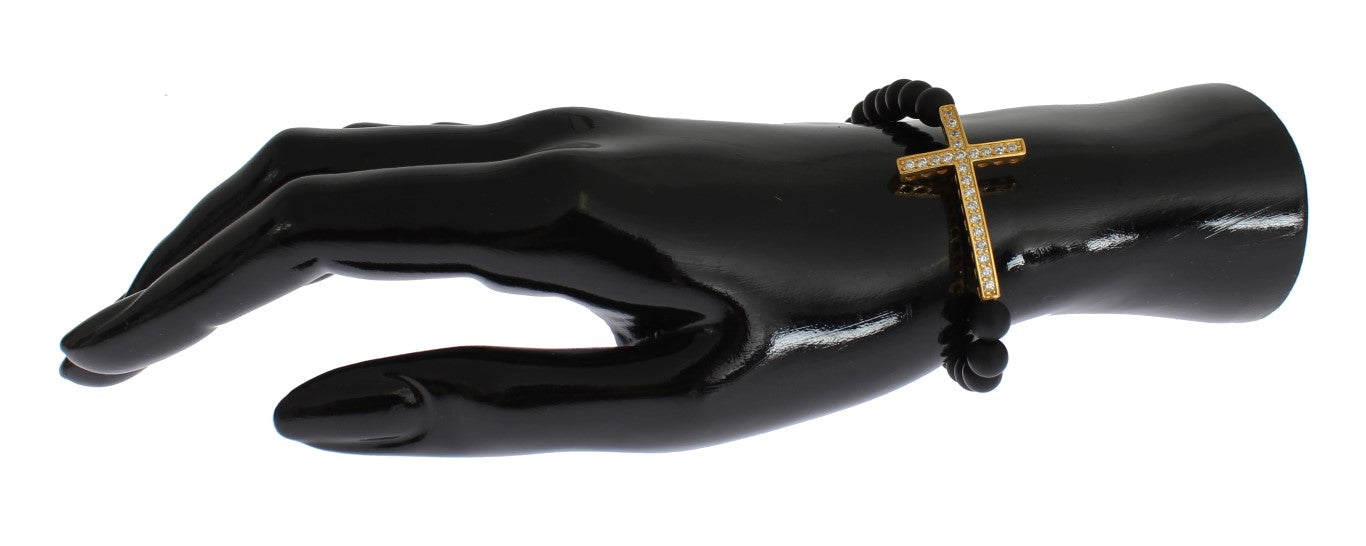 Nialaya Matte Onyx Stone Gold CZ Cross 925 Silver Bracelet Nialaya