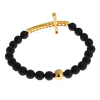 Nialaya Matte Onyx Stone Gold CZ Cross 925 Silver Bracelet