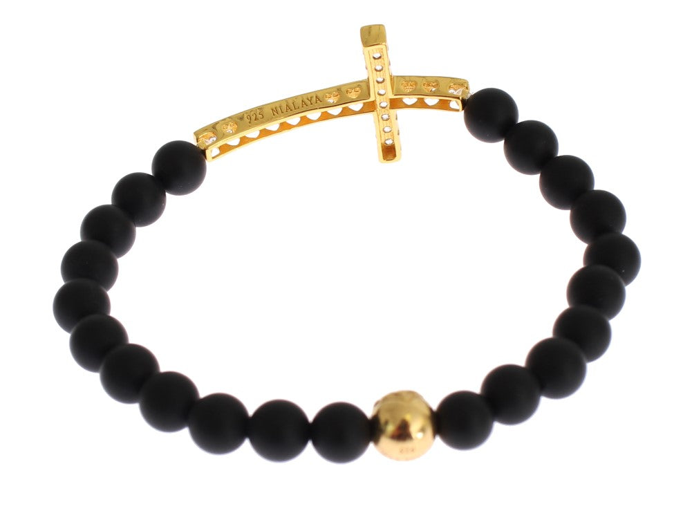 Nialaya Matte Onyx Stone Gold CZ Cross 925 Silver Bracelet Nialaya