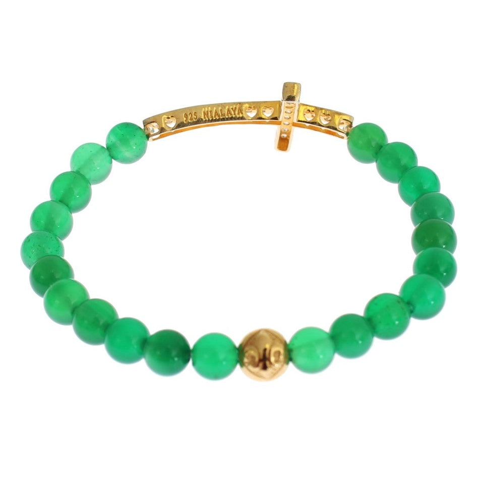 Nialaya Jade Stone Gold CZ Cross 925 Silver Bracelet