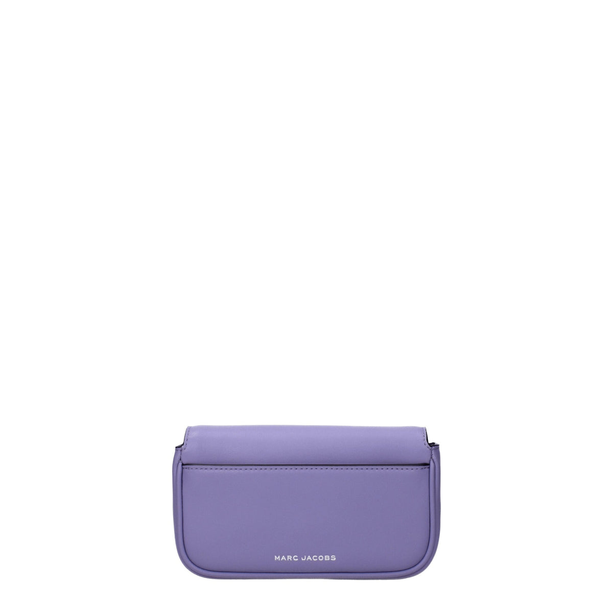Purple leather crossbody bag by Marc Jacobs with adjustable strap and silver hardware, shown on a plain background.