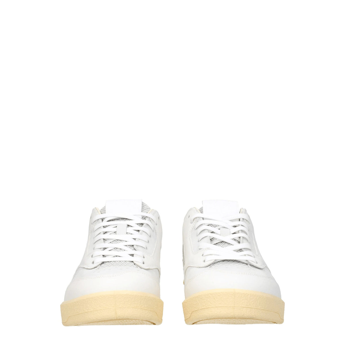 White leather low top sneakers by Jil Sander, featuring minimalistic design and clean stitching.