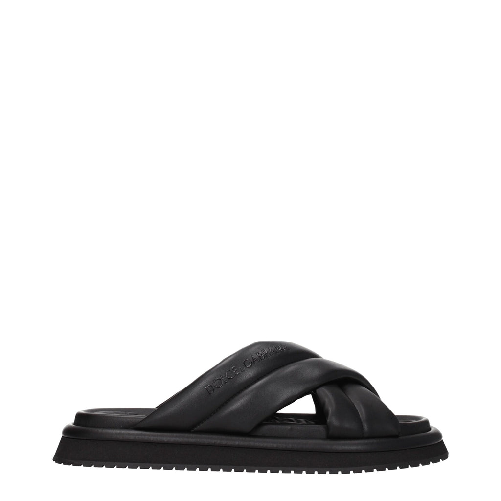 Black leather slippers by Dolce & Gabbana with sleek design and slip-on style, shown on a plain background.