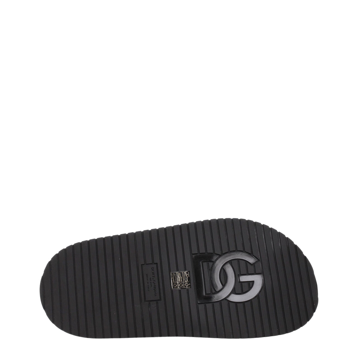 Black leather slippers from Dolce & Gabbana with a sleek design and subtle branding, perfect for stylish casual wear.