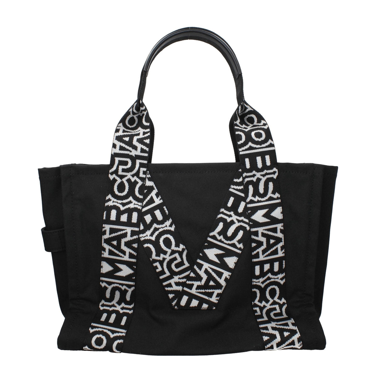 Black fabric shoulder bag by Marc Jacobs with adjustable strap and sleek design, perfect for casual or chic outfits.