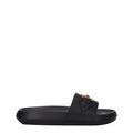 Versace black leather slippers with sleek design and subtle logo detail, perfect for stylish casual wear.