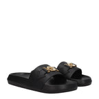 Versace black leather slippers with logo detailing, stylish and comfortable footwear for casual or formal wear.