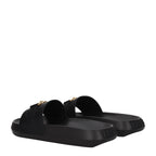 Versace black leather slippers with sleek design, featuring the iconic Medusa logo on the upper for a luxurious look.
