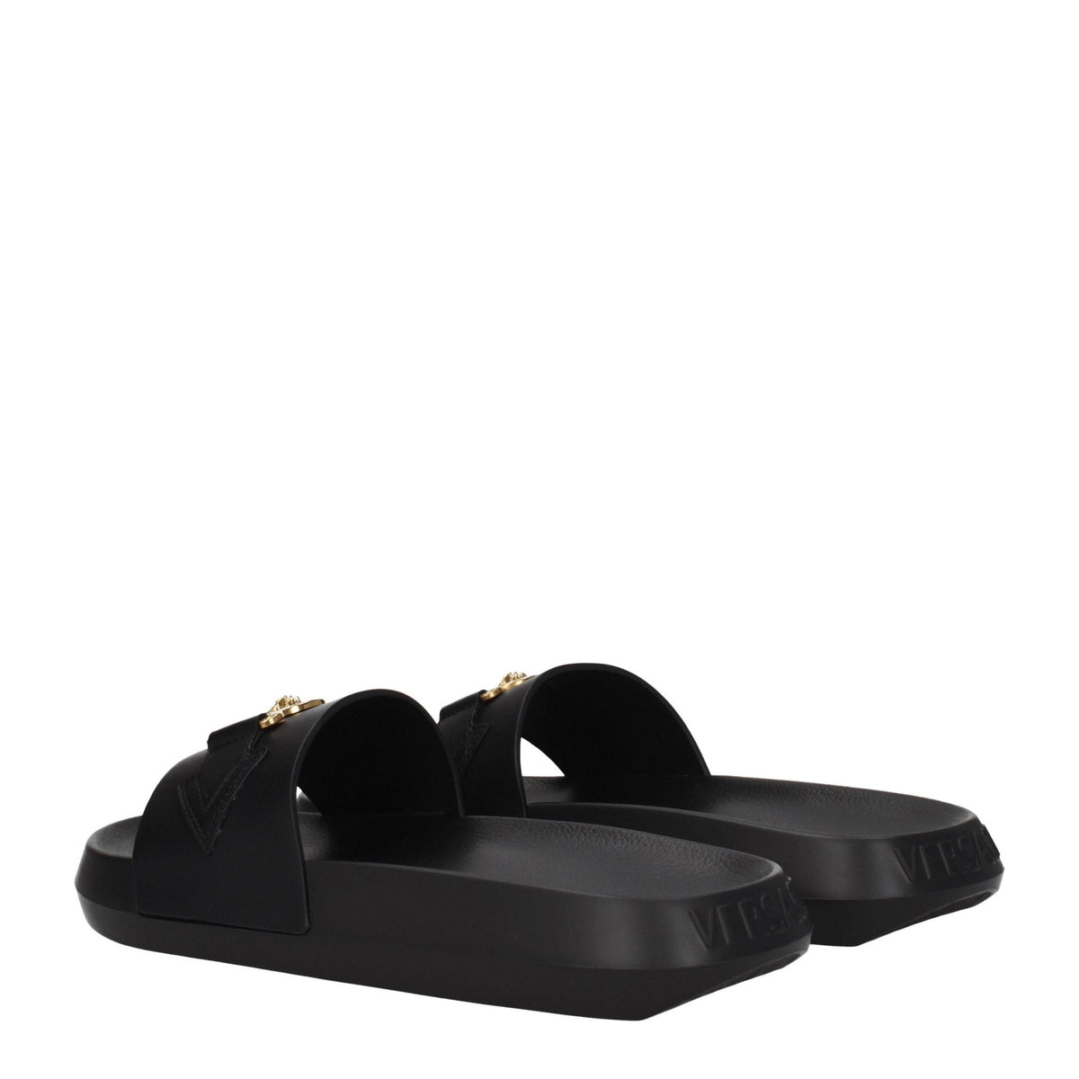 Versace black leather slippers with sleek design, featuring the iconic Medusa logo on the upper for a luxurious look.