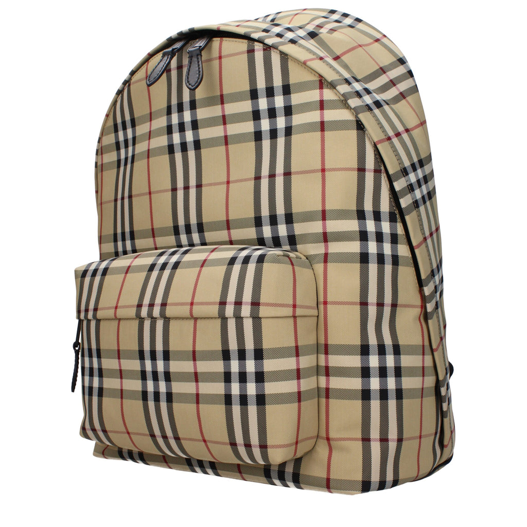 Burberry beige fabric backpack with adjustable shoulder straps and front flap pocket, stylish and functional for everyday use.