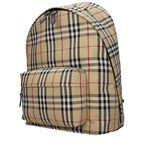 Burberry beige fabric backpack with adjustable shoulder straps and front flap pocket, stylish and functional for everyday use.