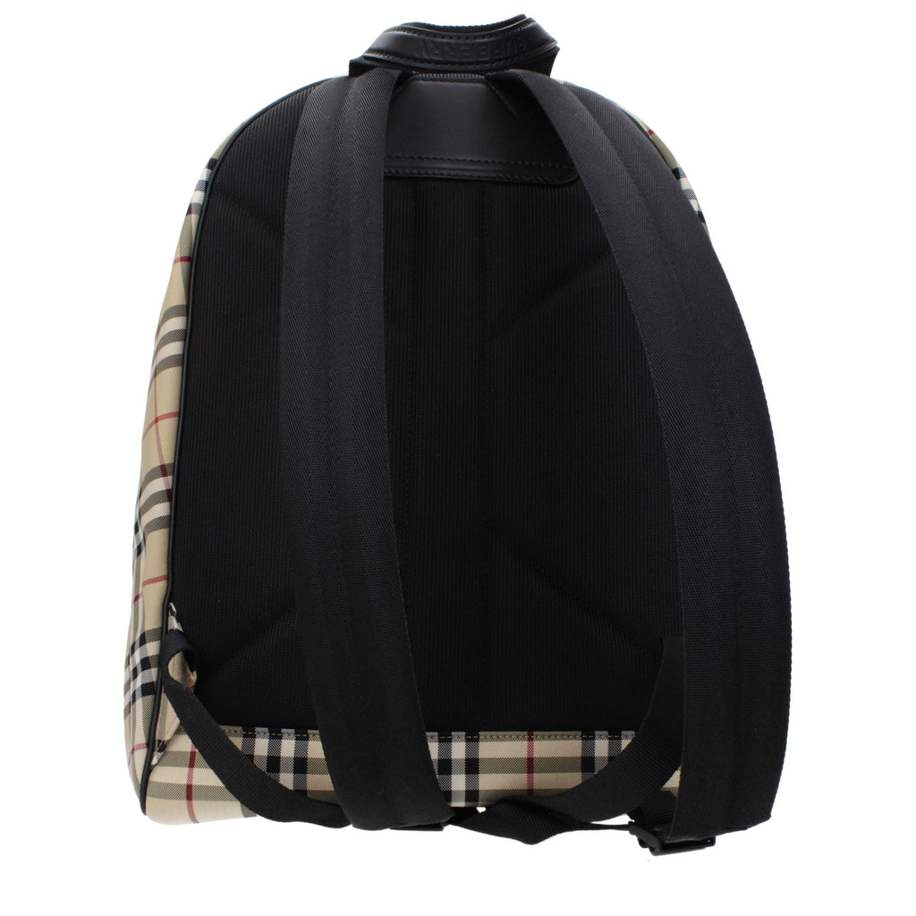 Burberry beige fabric backpack with adjustable straps and classic logo detailing, suitable for everyday use.