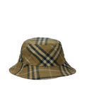 Burberry green cotton bucket hat with wide brim and classic logo detailing, stylish headwear for casual or outdoor wear.
