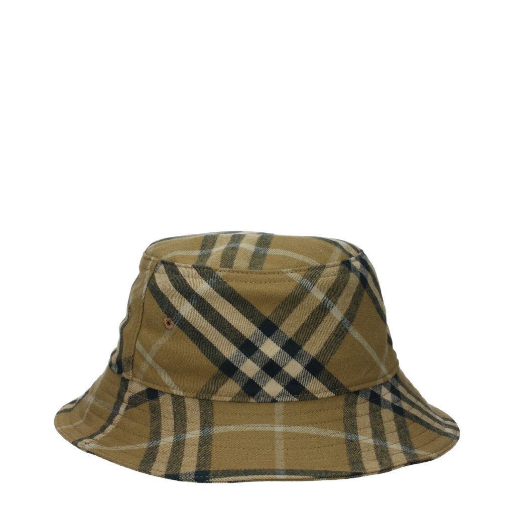 Burberry green cotton bucket hat with wide brim and signature check pattern, stylish accessory for casual and outdoor wear.