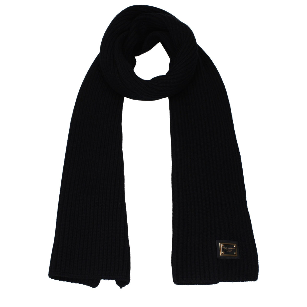 Black cashmere scarf from Dolce & Gabbana featuring a soft, luxurious fabric and classic design, displayed flat in the image.