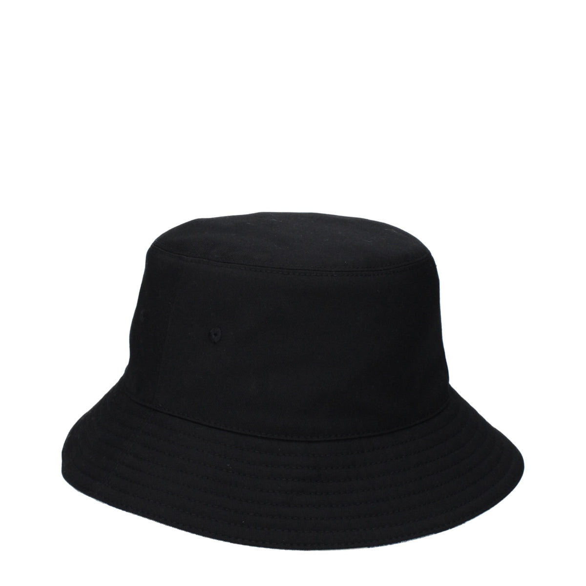 Black fabric bucket hat by Burberry with signature check pattern and wide brim, stylish and sun-protective headwear.