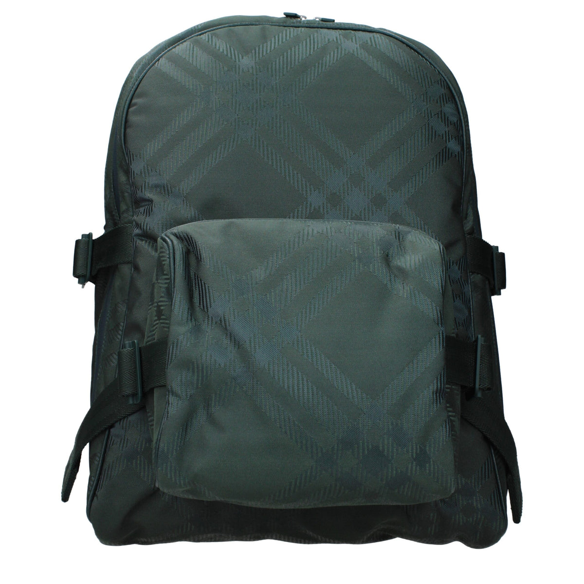 Burberry green fabric backpack with adjustable straps and front pocket, featuring the iconic Burberry check pattern.