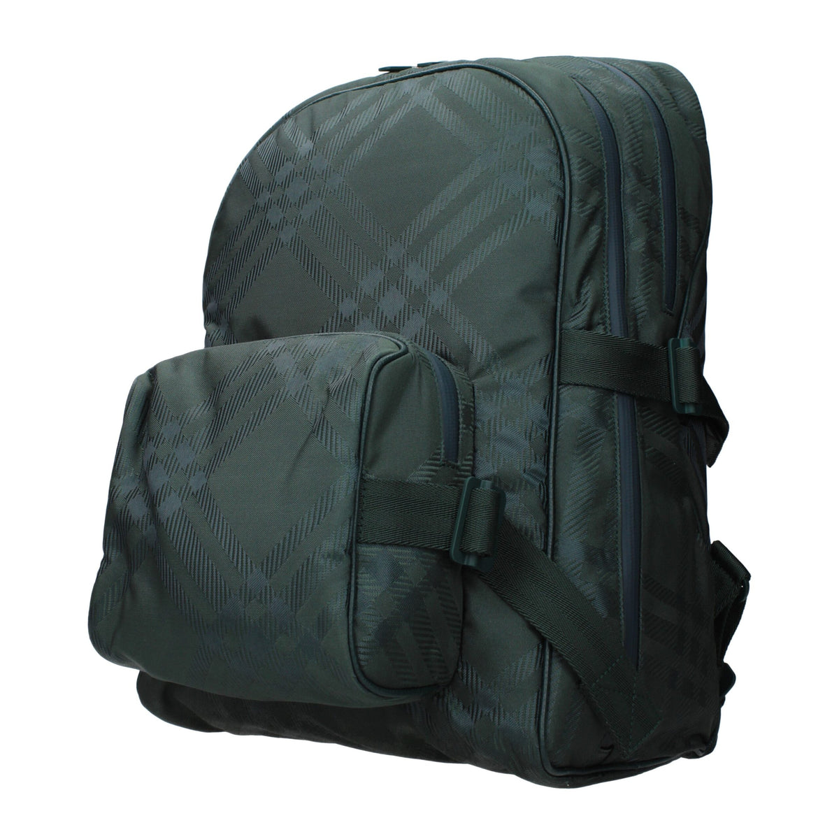 Burberry green fabric backpack with adjustable straps and logo detail, designed for casual and everyday use.