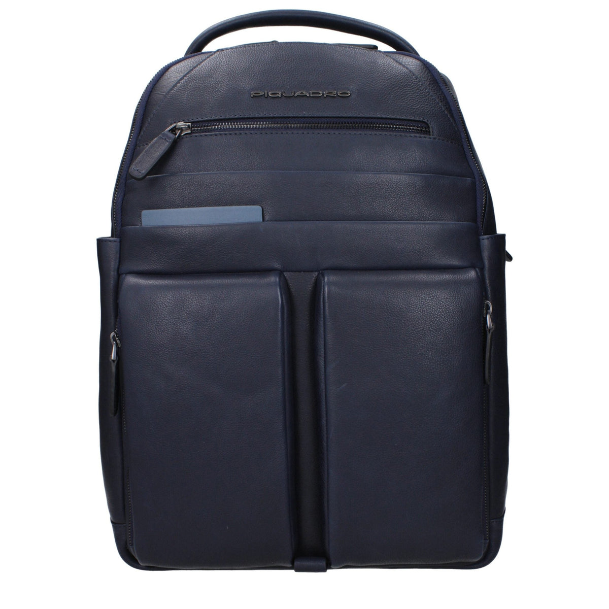 Piquadro blue leather backpack with adjustable straps and multiple compartments, stylish and functional for daily use.