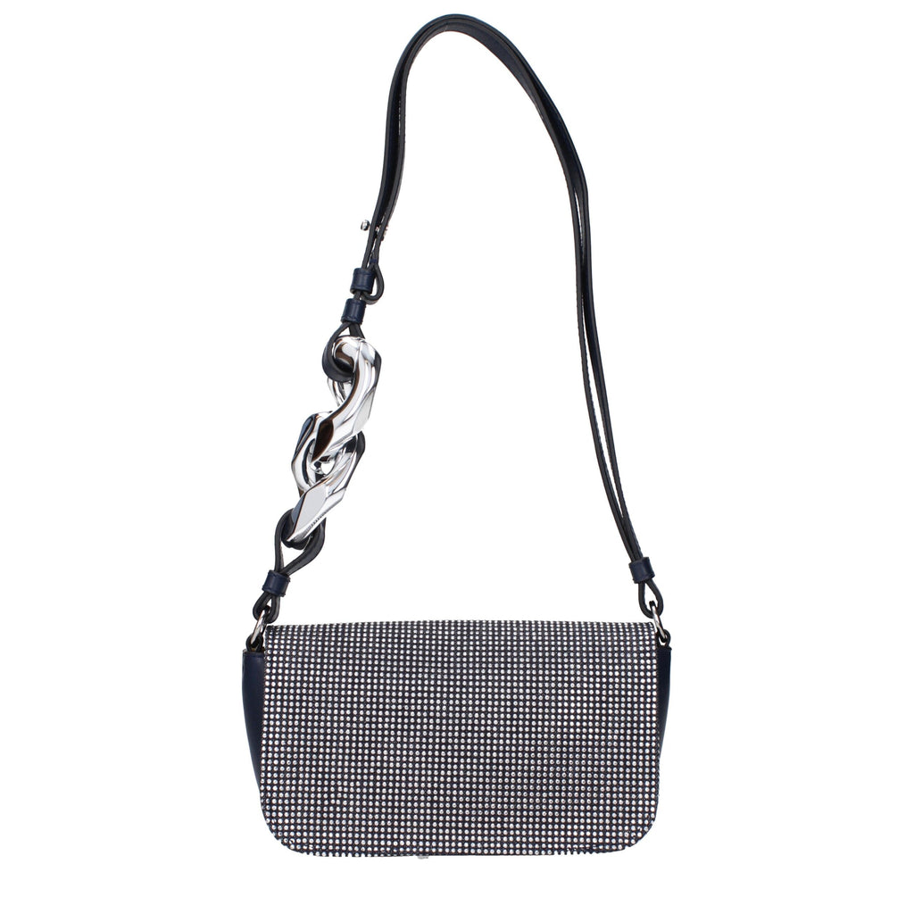 Blue fabric shoulder bag by J.W. Anderson with sleek design and adjustable strap, displayed on a plain background.