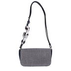 Blue fabric shoulder bag by J.W. Anderson with sleek design and adjustable strap, displayed on a plain background.