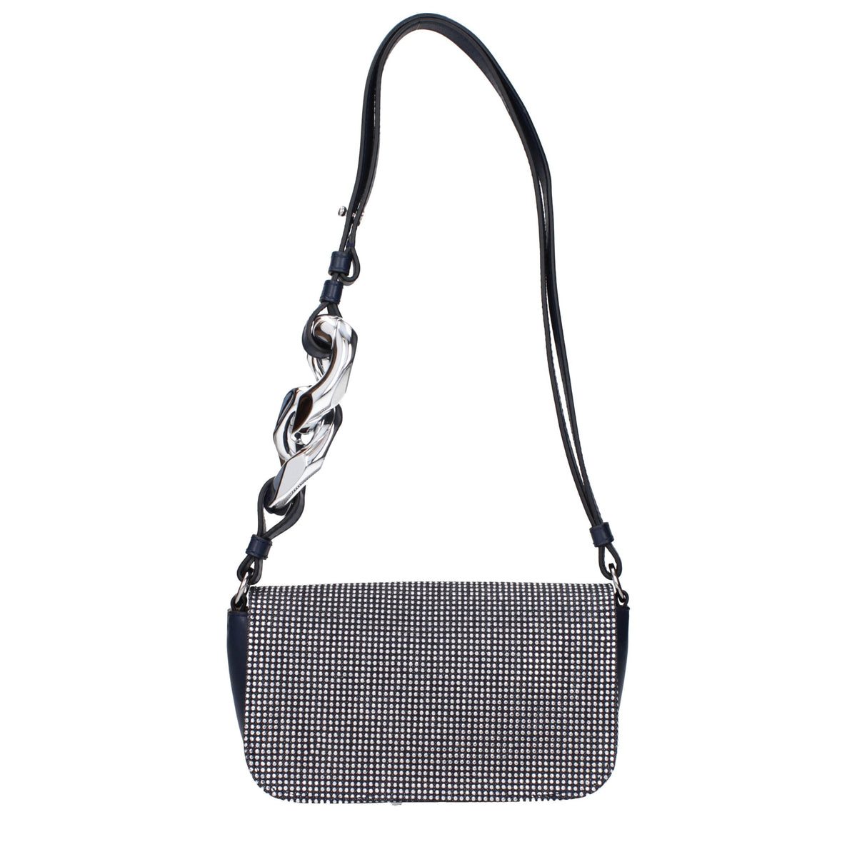 Blue fabric shoulder bag by J.W. Anderson with sleek design and adjustable strap, displayed on a plain background.