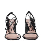 Black leather platform sandals by Miu Miu with chunky soles and ankle straps, displayed on a neutral background.
