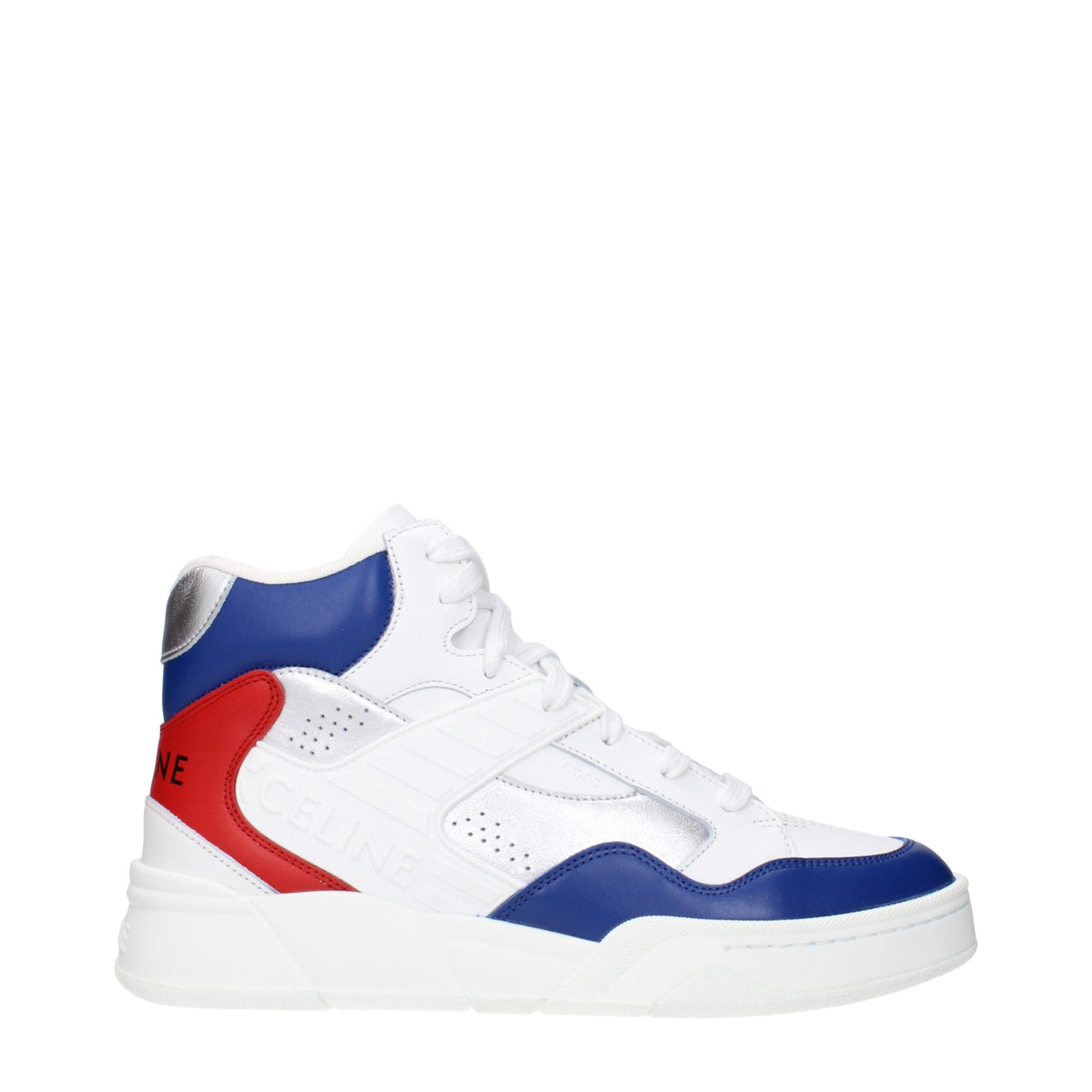 Celine white leather athletic sneakers with sleek design and white laces, stylish footwear for casual and athletic wear.