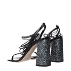 Black leather platform sandals by Miu Miu with chunky heels and open toes, featuring sleek straps and stylish design.