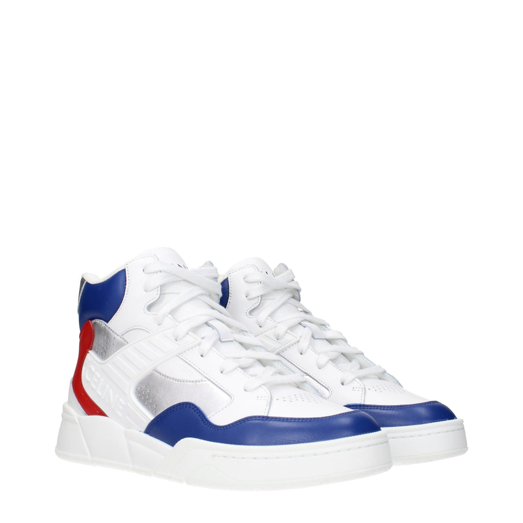 Celine white leather athletic sneakers with sleek design and white laces, ideal for casual and sporty outfits.