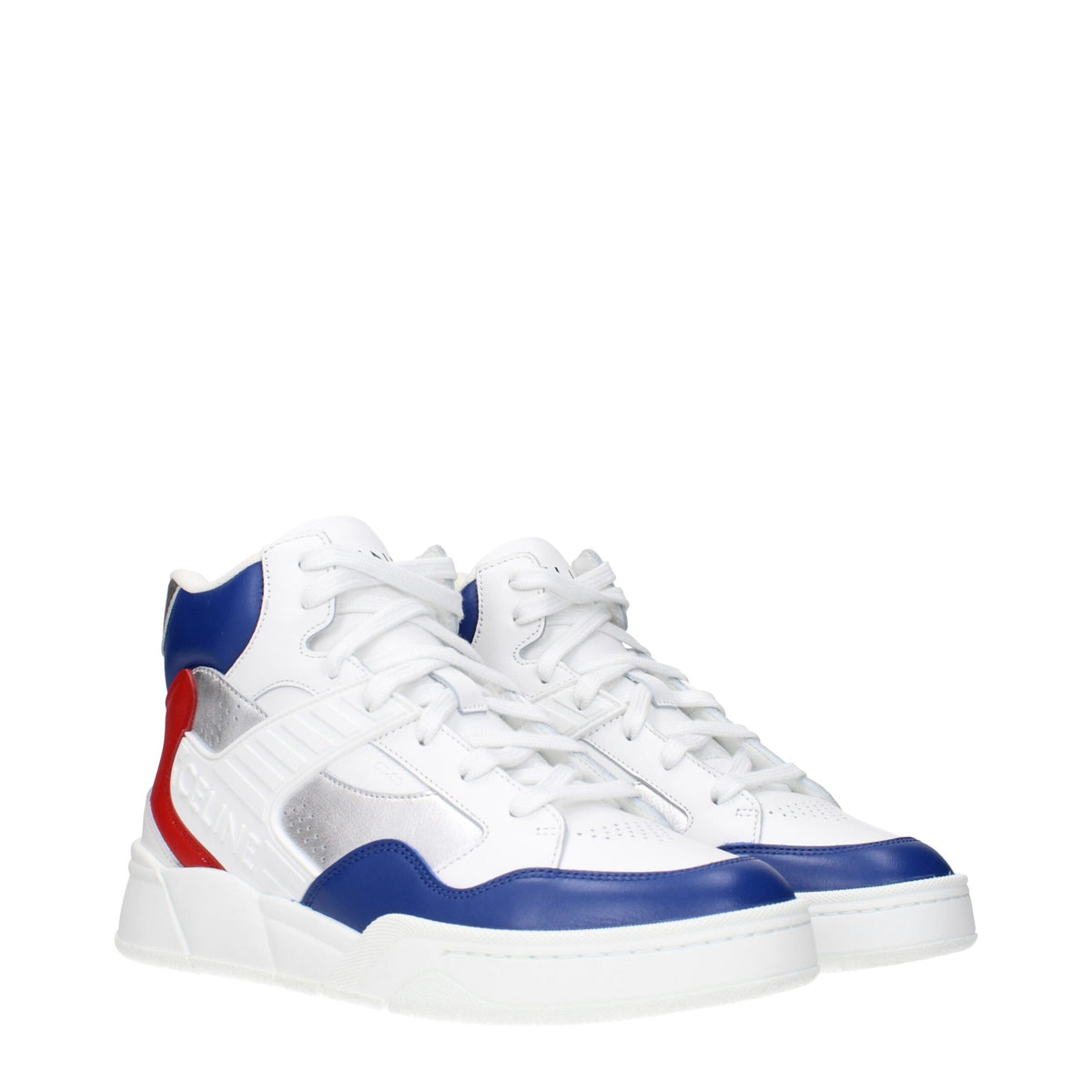 Celine white leather athletic sneakers with sleek design and white laces, ideal for casual and sporty outfits.