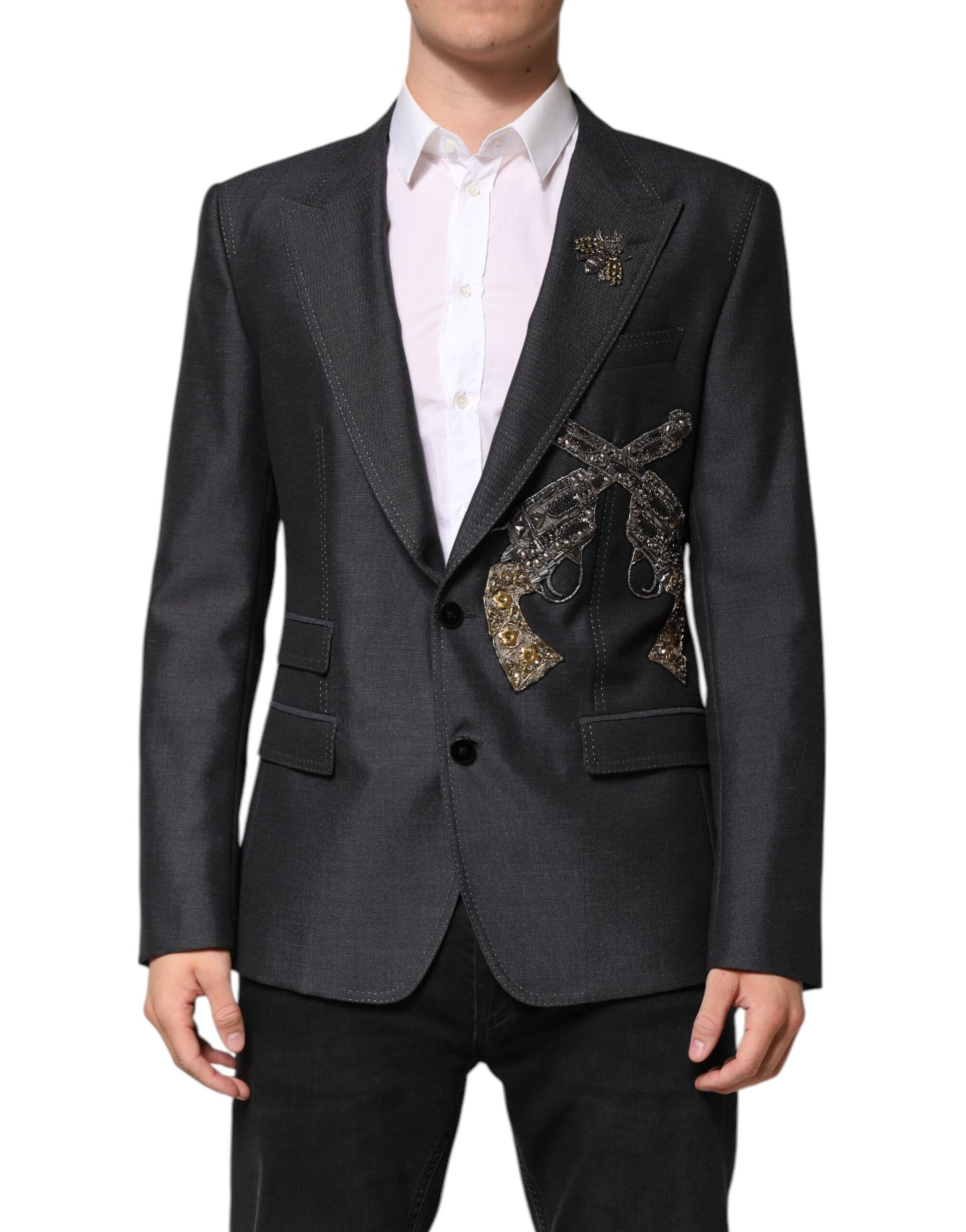 Dolce & Gabbana Dark Gray Bee Embroidery SICILIA Coat Blazer Dolce & Gabbana