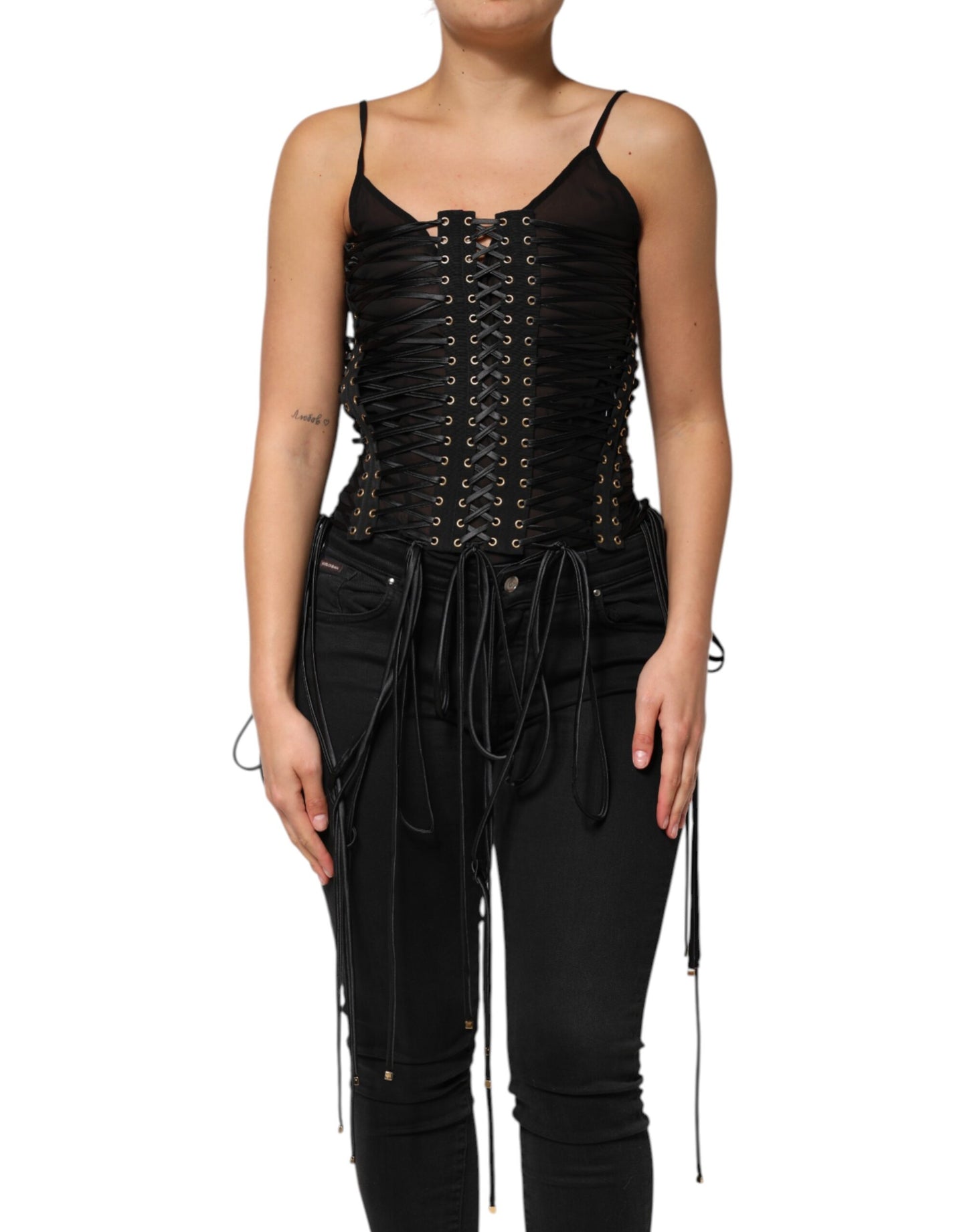 Dolce & Gabbana Black Eyelet Embellished Corset Style Top Dolce & Gabbana