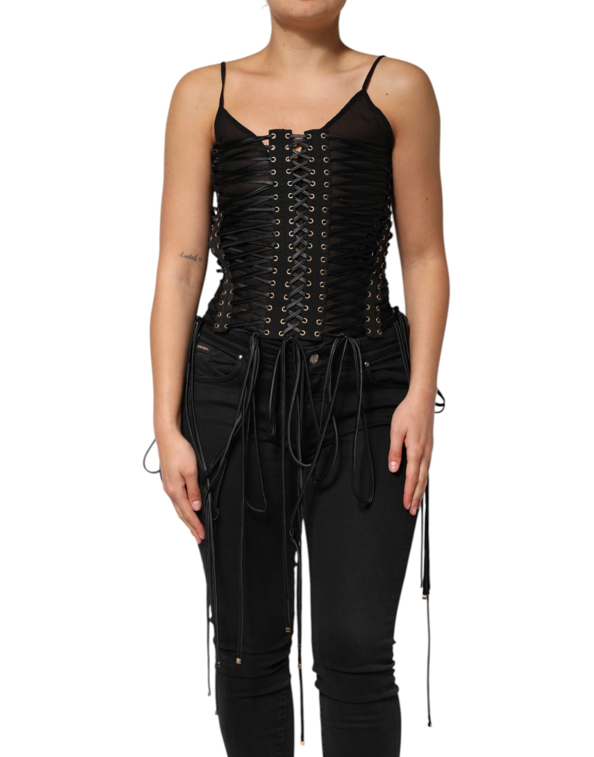 Dolce & Gabbana Black Eyelet Embellished Corset Style Top Dolce & Gabbana