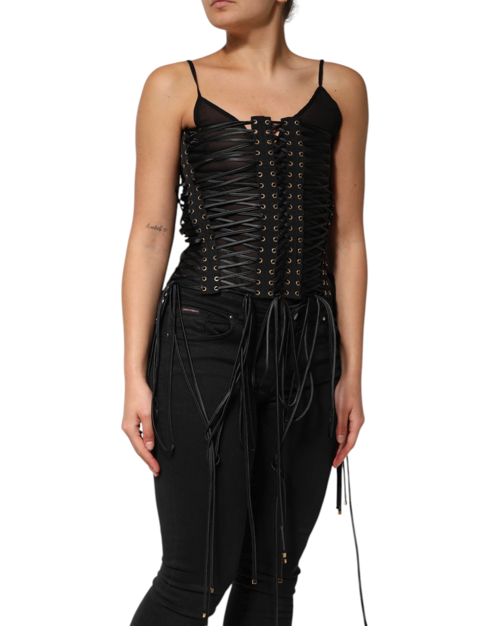 Dolce & Gabbana Black Eyelet Embellished Corset Style Top Dolce & Gabbana