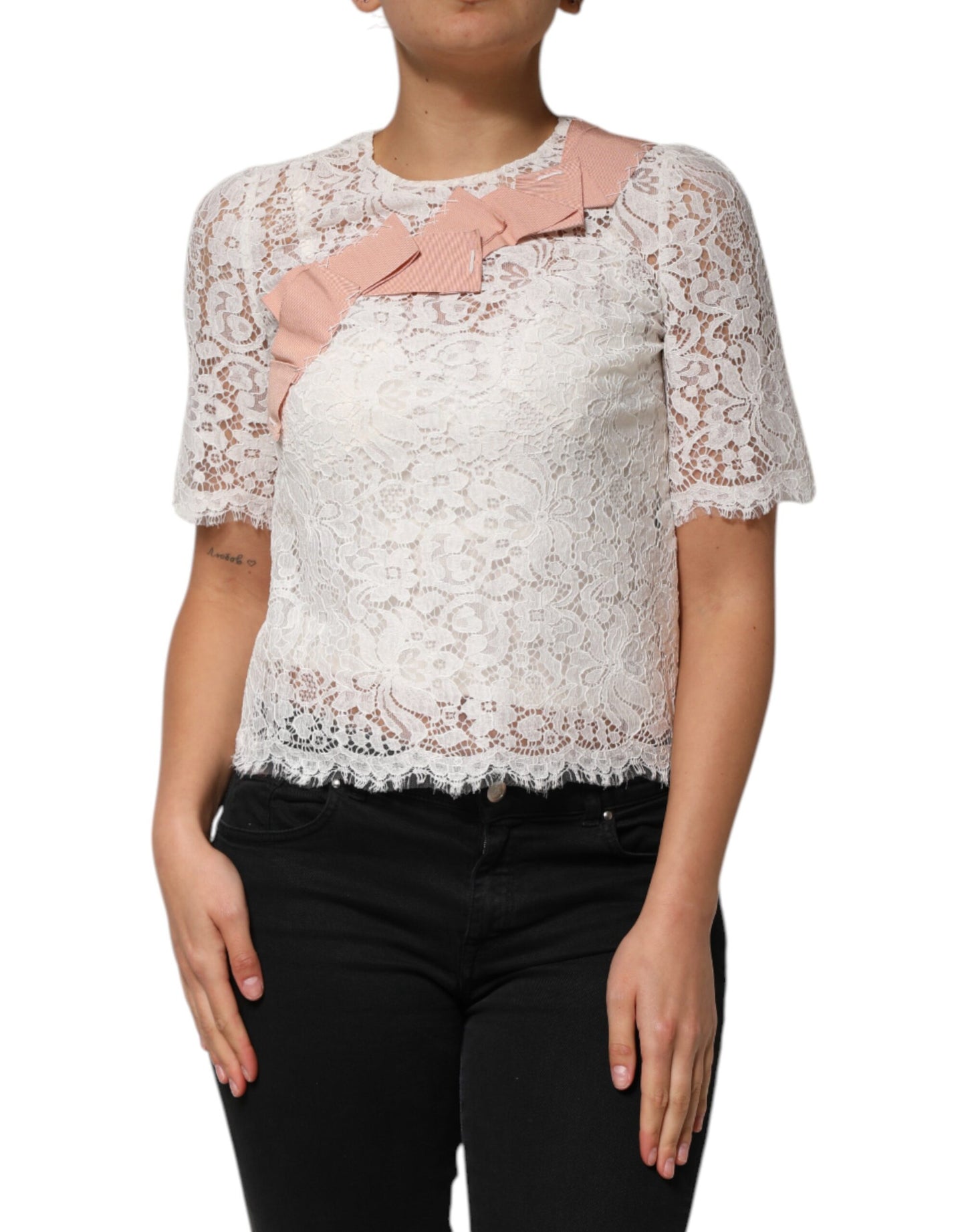Dolce & Gabbana White Floral Lace Short Sleeves Blouse Top Dolce & Gabbana