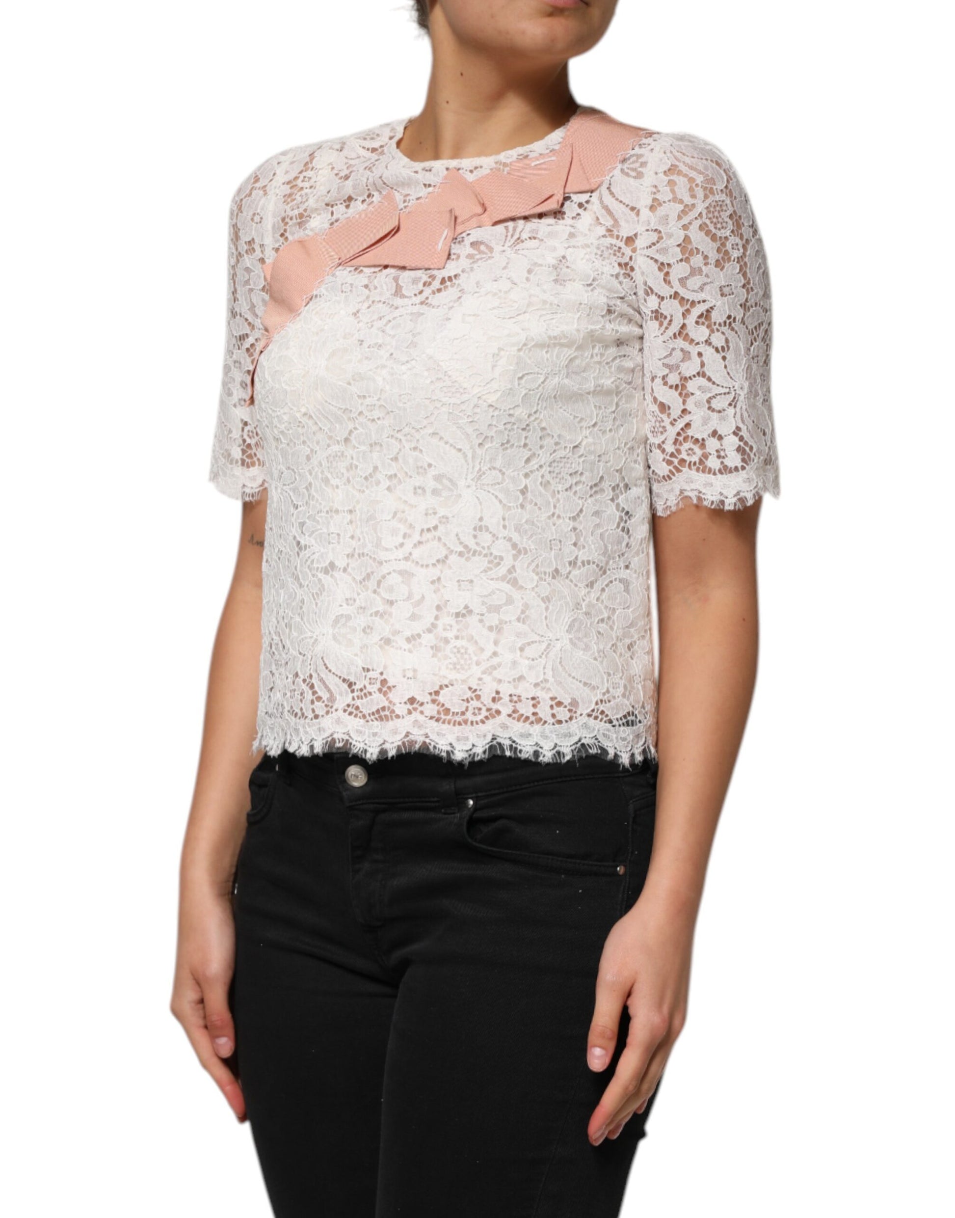 Dolce & Gabbana White Floral Lace Short Sleeves Blouse Top Dolce & Gabbana