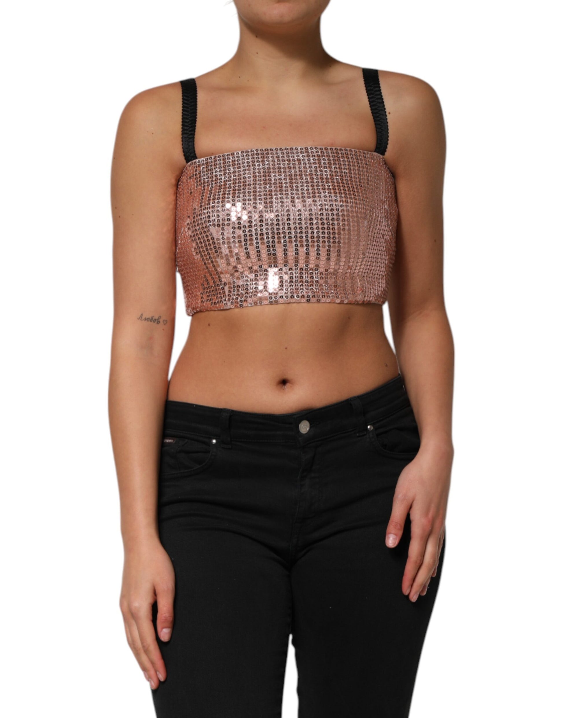 Dolce & Gabbana Pink Sequined Nylon Sleeveless Cropped Top Dolce & Gabbana